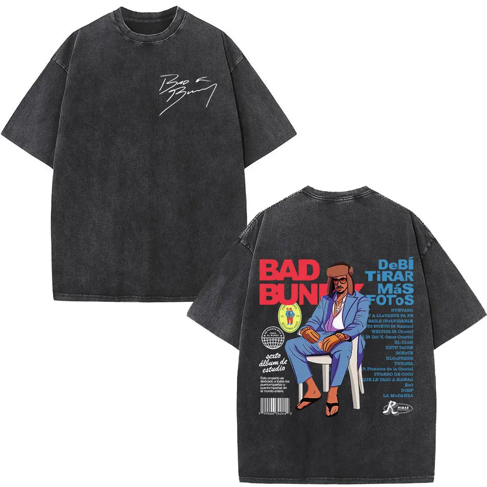 Washed Vintage Rapper Bad Bunny T-shirt Debi Tirar Mas Fotos DTMF Album 2025 T Shirts Men Women Hip Hop Oversized T-shirts Tops