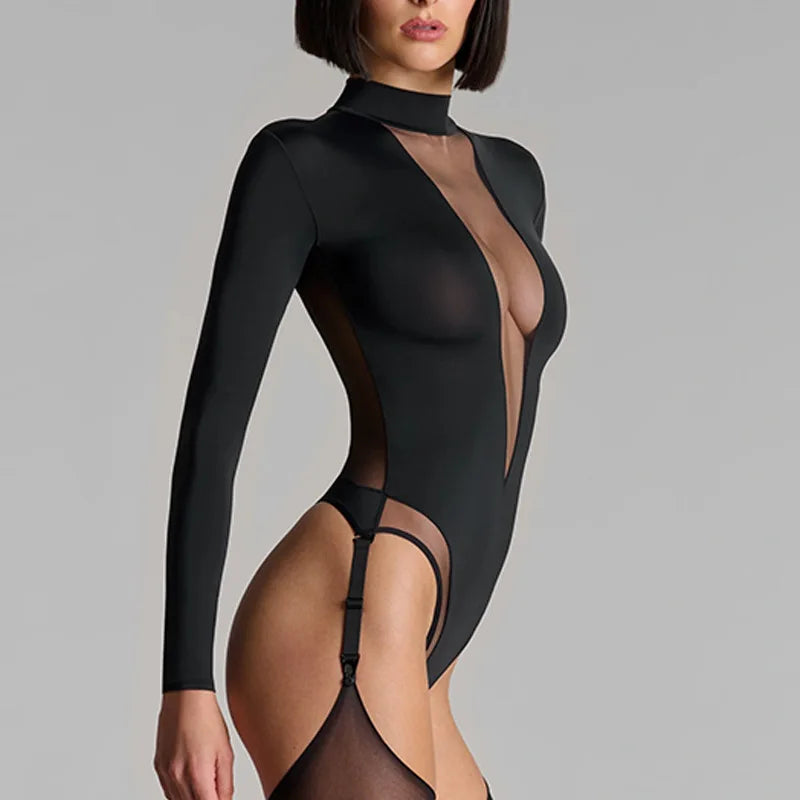Spring Summer Sexy Deep V-Neck Mesh Splicing Long Sleeve Jumpsuit Fashionable Casual Women's Clothing