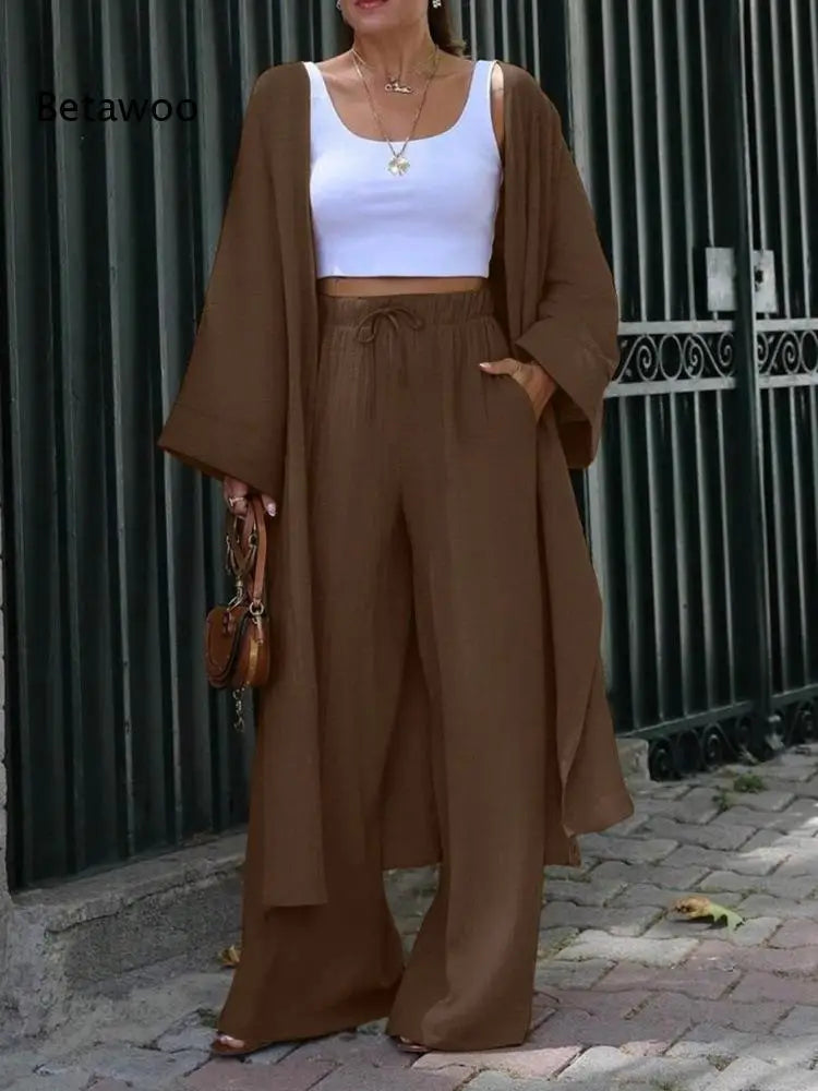 Women Two Piece Outfit Long Open Front Cardigan and Elastic Waist Wide Leg Pants Set Loose Casual Suit for Vacation Daily Wear