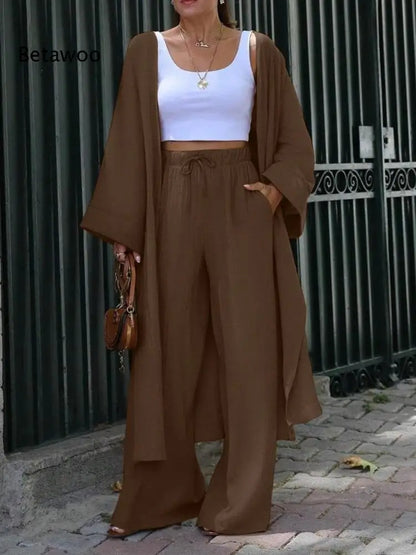 Women Two Piece Outfit Long Open Front Cardigan and Elastic Waist Wide Leg Pants Set Loose Casual Suit for Vacation Daily Wear