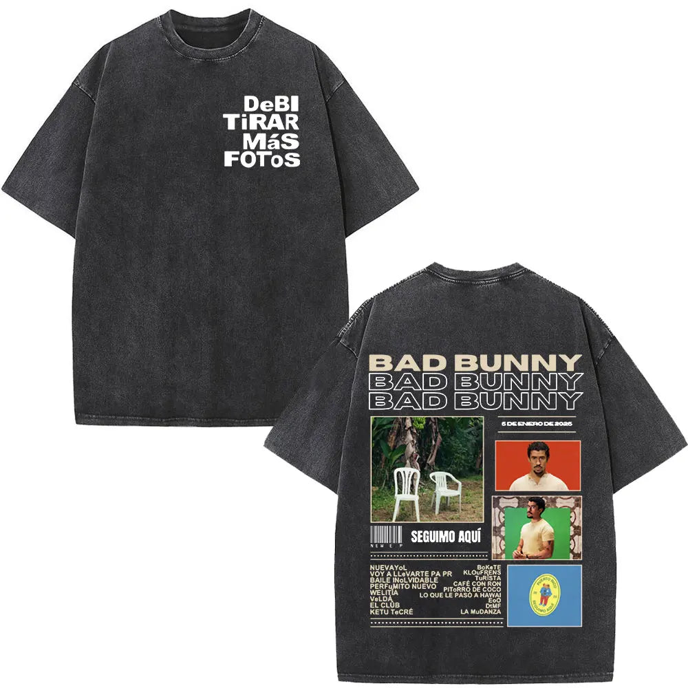 Washed Vintage Rapper Bad Bunny T-shirt Debi Tirar Mas Fotos DTMF Album 2025 T Shirts Men Women Hip Hop Oversized T-shirts Tops