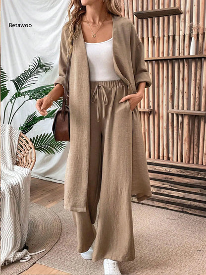 Women Two Piece Outfit Long Open Front Cardigan and Elastic Waist Wide Leg Pants Set Loose Casual Suit for Vacation Daily Wear