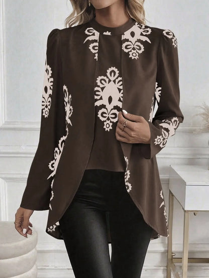 2026 Fashion Women's Long Sleeve Print Blouse, Elegant Office Top with Fake Two-Piece Design