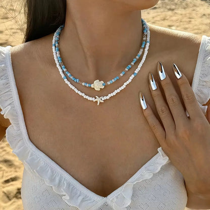 Tocona Bohemian Colorful Bead Necklace for Women Summer Handmade Starfish Tortoise Choker Chain Beach Jewelry Accessories