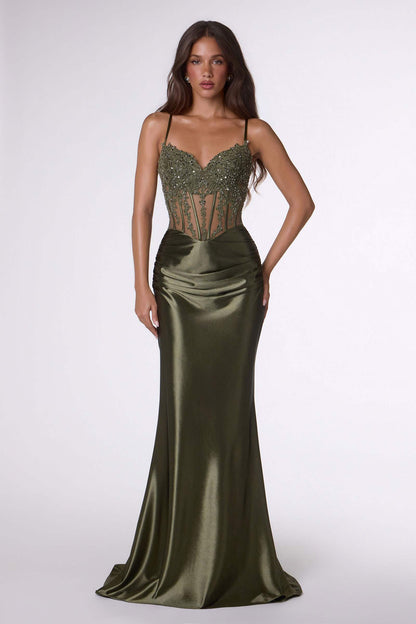Black Amoris T819 fitted stretch satin sheer corset mermaid gown, elegant dress with sleek silhouette and intricate design.