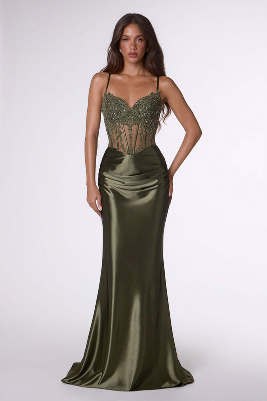 Black Amoris T819 fitted stretch satin sheer corset mermaid gown, elegant dress with sleek silhouette and intricate design.