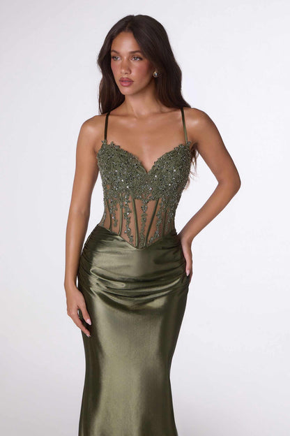 Black Amoris T819 fitted satin corset mermaid gown with sheer details, elegant dress designed for formal occasions.