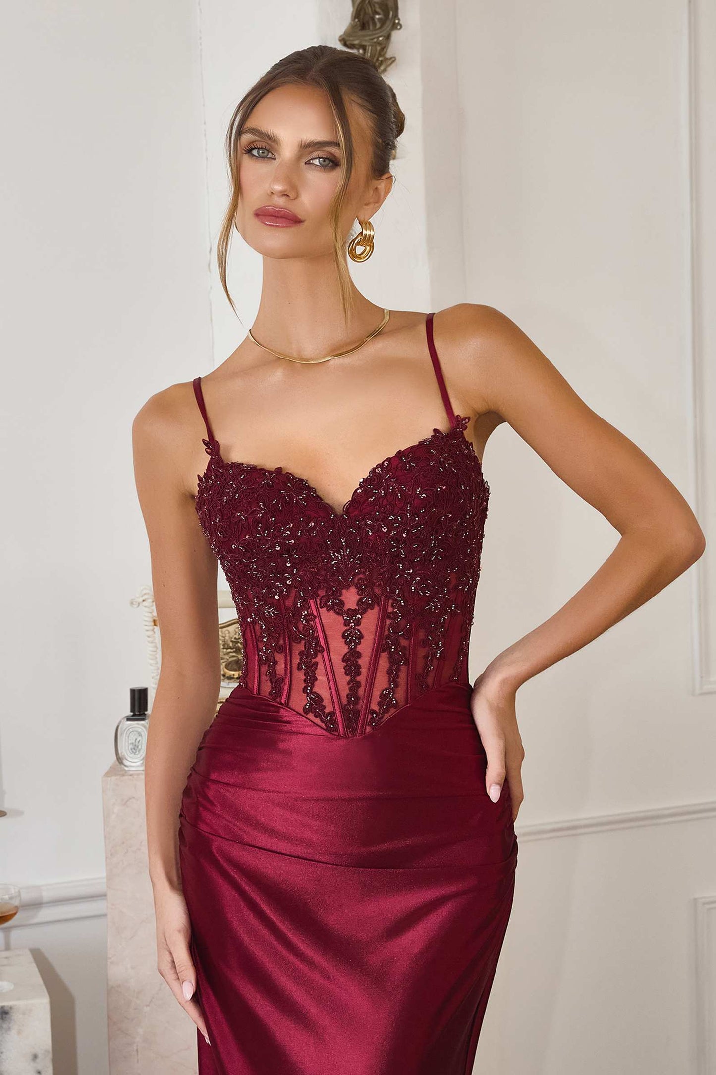 Black Amoris T819 fitted satin corset mermaid gown with sheer details, sleek and elegant dress for formal occasions.