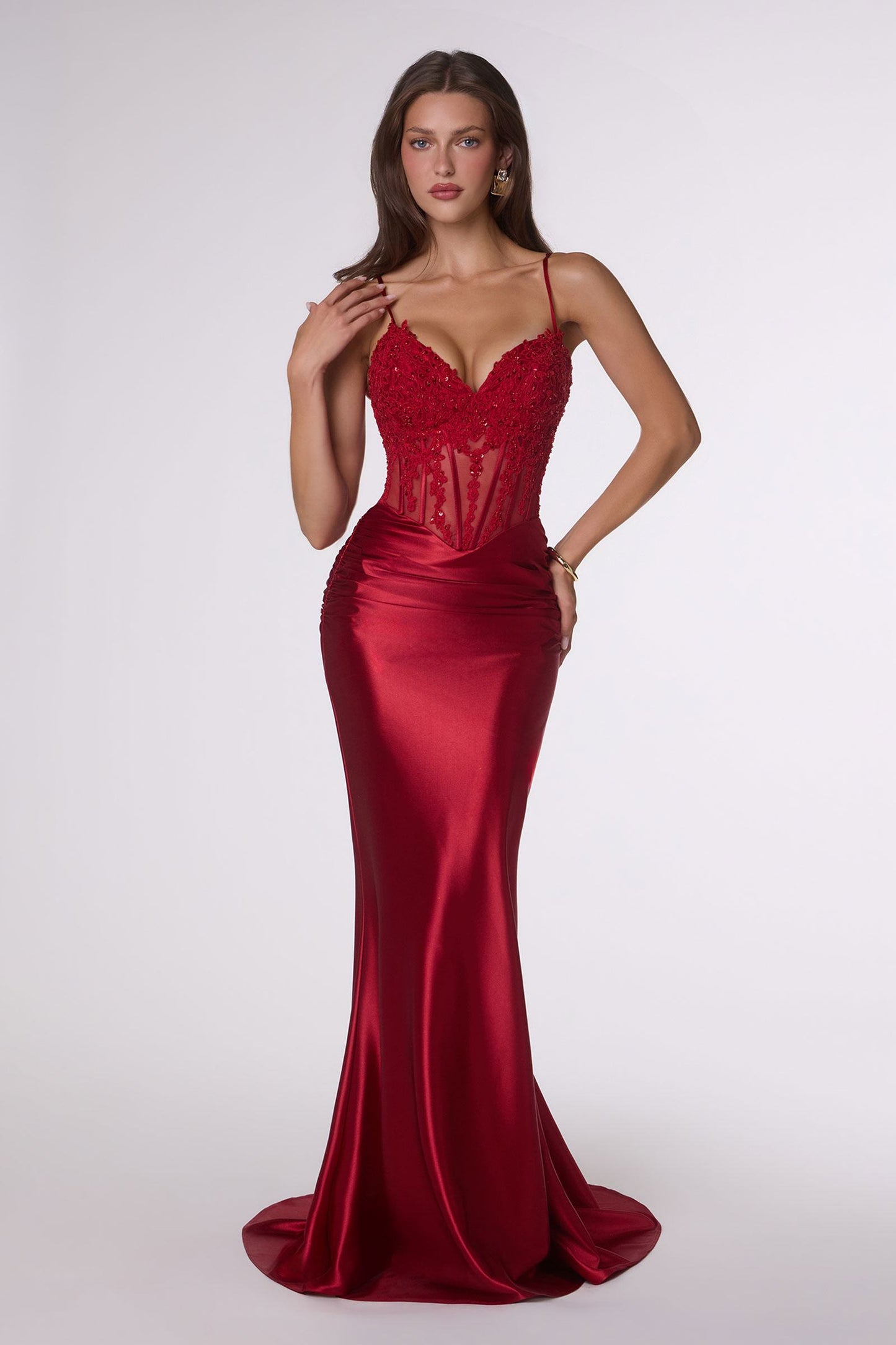 Black Amoris T819 fitted stretch satin corset mermaid gown with sheer details, elegant evening dress by DiscountDressShop.