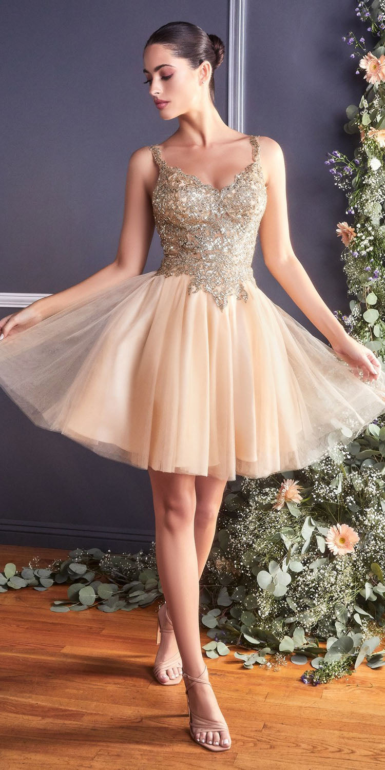 Champagne gold Cinderella Divine 9239 short poofy layered A-line gown with tulle skirt, perfect for elegant occasions.