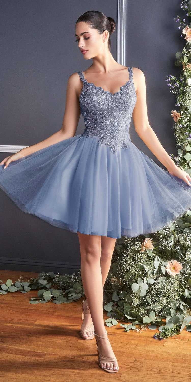 Champagne gold Cinderella Divine 9239 short poofy layered A-line gown with tulle skirt, perfect for formal occasions.
