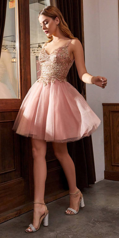 Champagne gold Cinderella Divine 9239 short poofy layered A-line gown with tulle skirt, perfect for formal occasions.