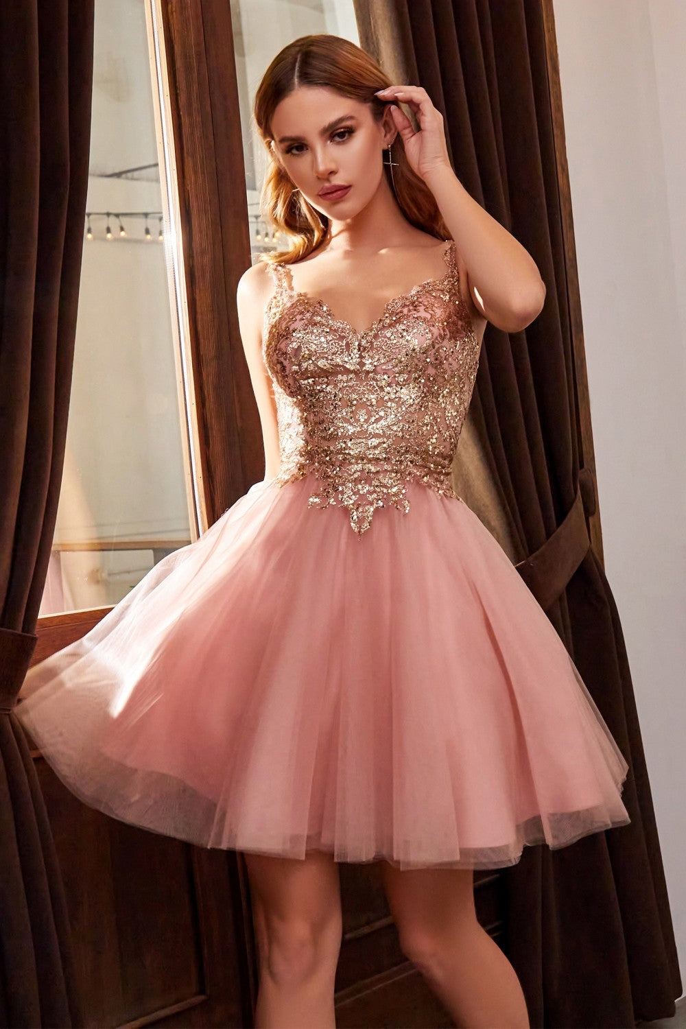 Champagne gold Cinderella Divine 9239 short poofy layered A-line gown with tulle skirt, designed for elegant dresses.