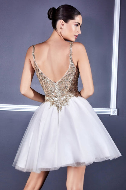 Champagne gold Cinderella Divine 9239 short poofy layered A-line gown with tulle skirt, perfect for formal occasions.