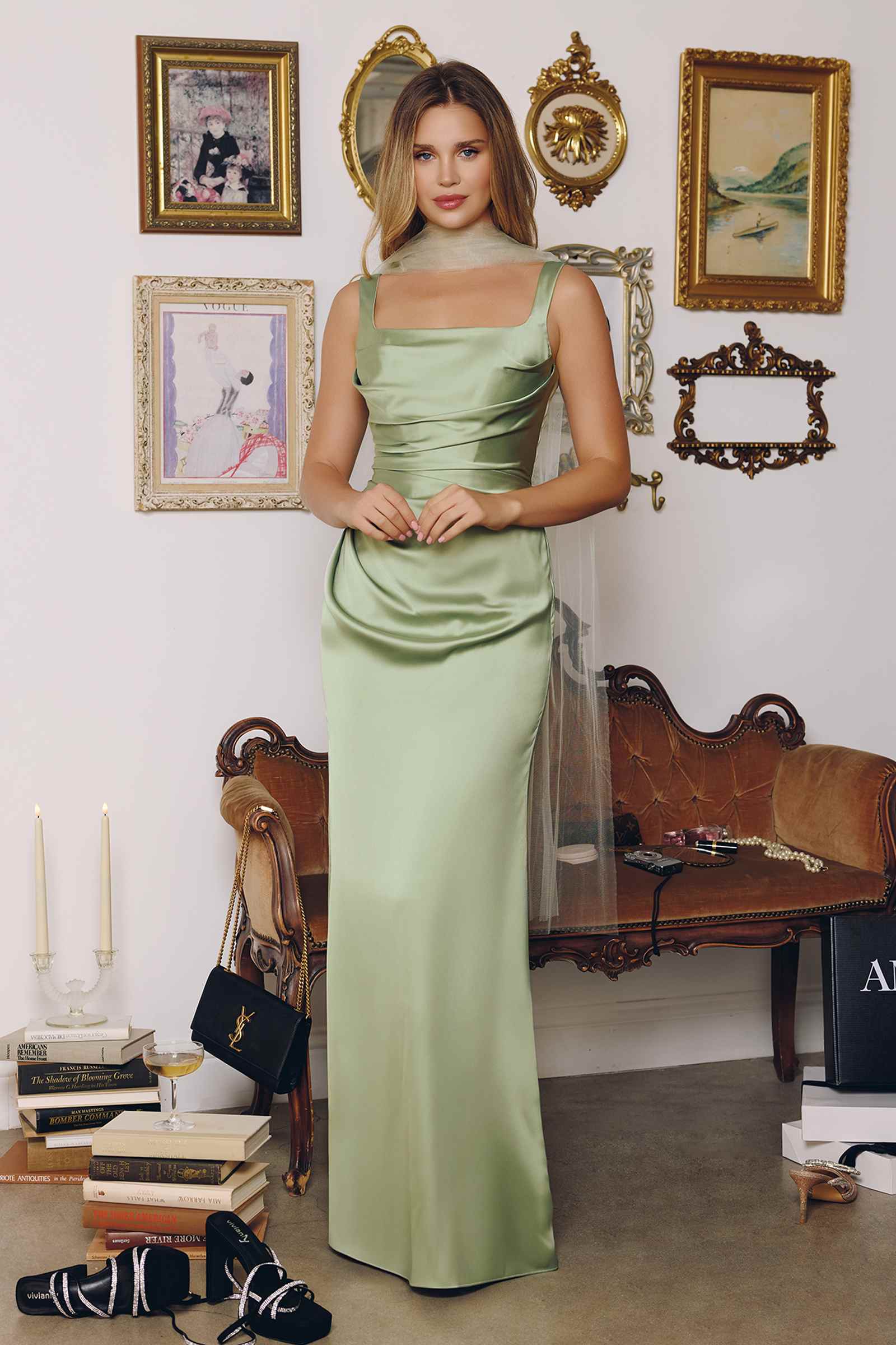 Sage green Amoris T729 satin fitted gown with adjustable straps, size M, sleek design, perfect for elegant occasions.