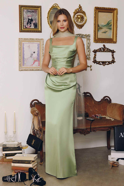 Sage green Amoris T729 satin fitted gown with adjustable straps, size M, sleek design, perfect for elegant occasions.