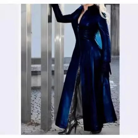 plus Size Slim Fit Zipper Collar PU Leather Jacket Women's Fashion Autumn Winter Long Coat  Color Trendy Female Clothing