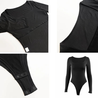 Long Sleeve Bodysuits Spring 2025 Square-Cut Collar Solid Bodycon Elastic Romper Sexy Y2k Women Clothing Fashion Club Party 2520