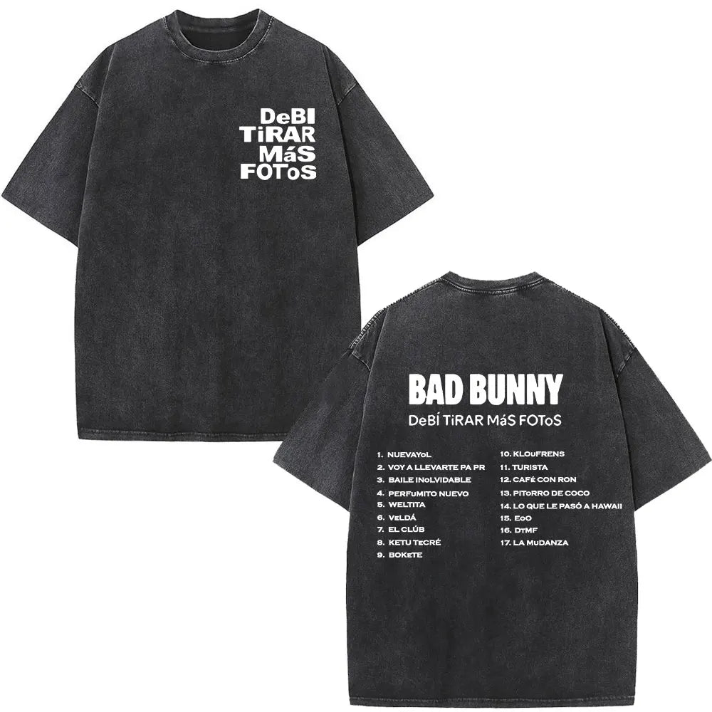 Washed Vintage Rapper Bad Bunny T-shirt Debi Tirar Mas Fotos DTMF Album 2025 T Shirts Men Women Hip Hop Oversized T-shirts Tops