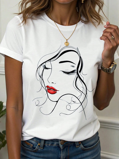 Women's T-Shirt Abstract Face Line Art Graphic Print Tops Casual O-Neck Short Sleeve Tee Summer Outdoor Fashion Female Clothing