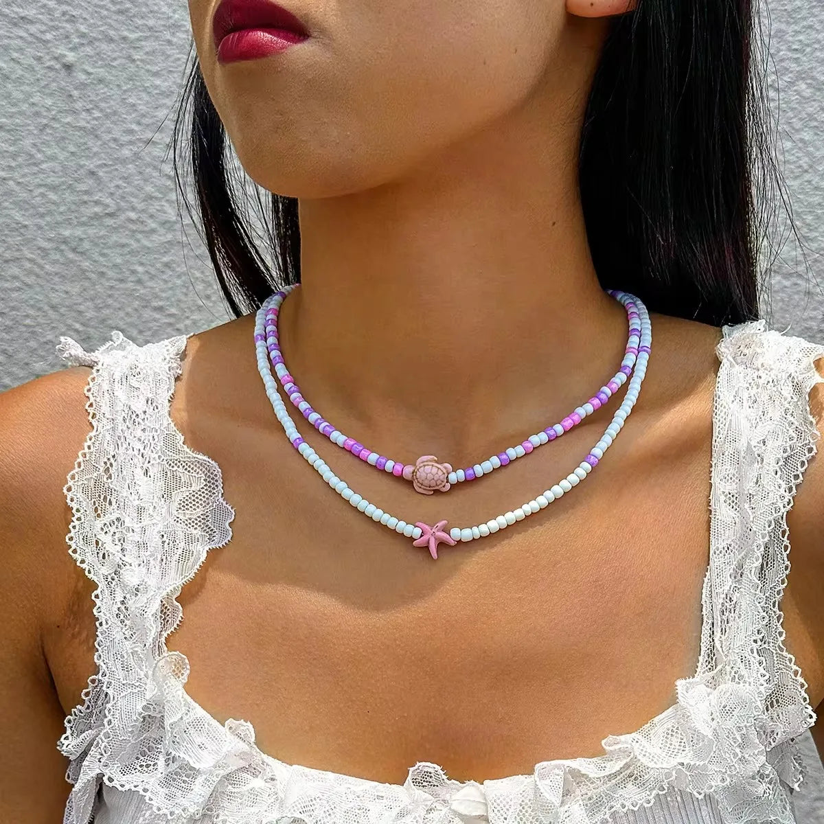 Tocona Bohemian Colorful Bead Necklace for Women Summer Handmade Starfish Tortoise Choker Chain Beach Jewelry Accessories