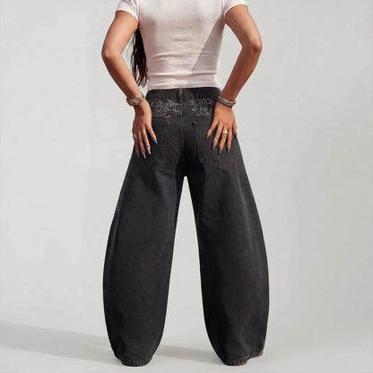 Emmiol【Back to School】Women Hip Hop Baggy Jeans Wide Leg Mid-Low Waist Barrel Jeans Loose Boyfriends Jeans 90S Vintage Denim Pants Casual Comfy Black Womenswear Summer Vibes