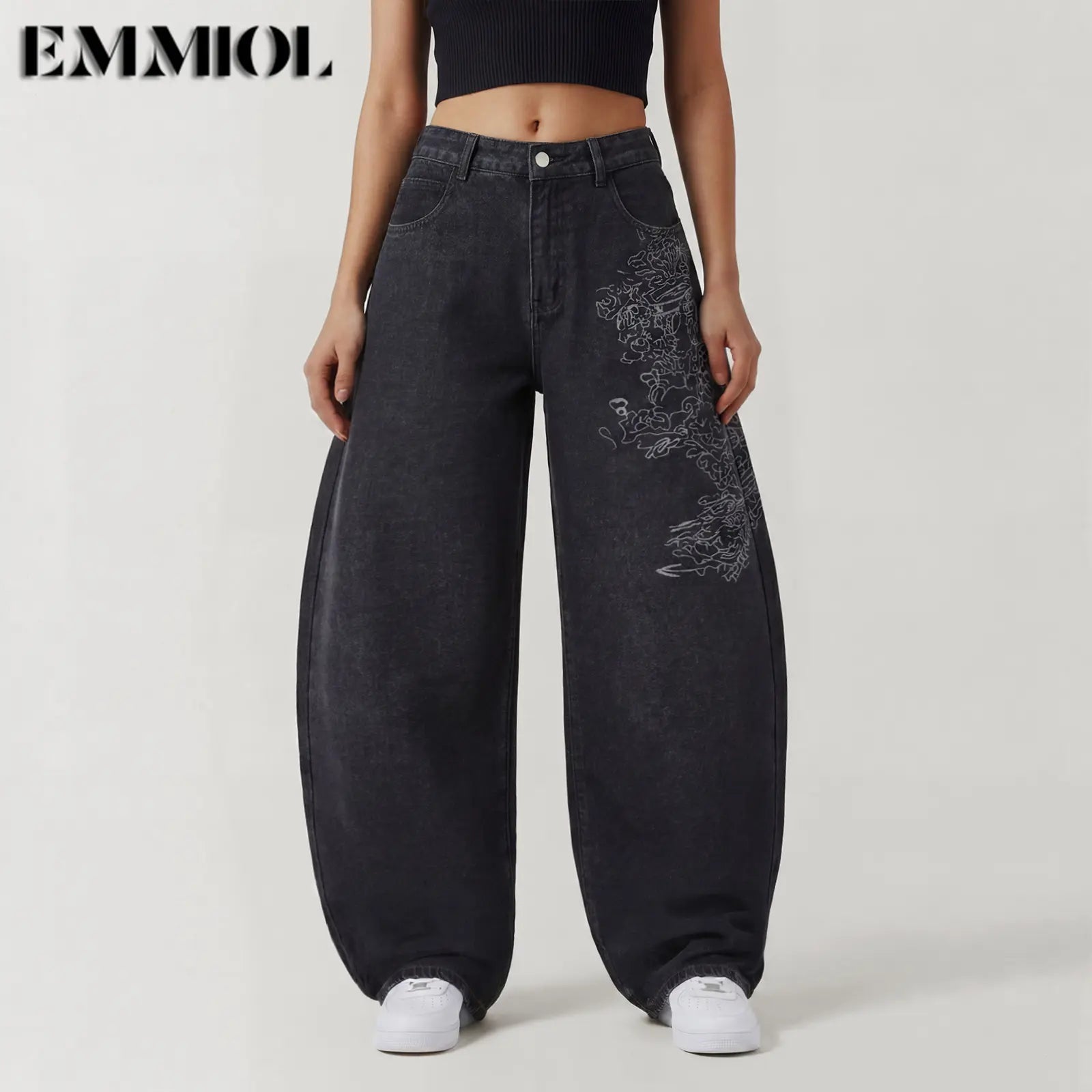 Emmiol【Back to School】Women Hip Hop Baggy Jeans Wide Leg Mid-Low Waist Barrel Jeans Loose Boyfriends Jeans 90S Vintage Denim Pants Casual Comfy Black Womenswear Summer Vibes