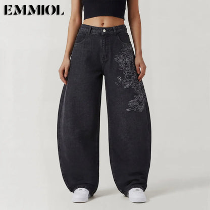 Emmiol【Back to School】Women Hip Hop Baggy Jeans Wide Leg Mid-Low Waist Barrel Jeans Loose Boyfriends Jeans 90S Vintage Denim Pants Casual Comfy Black Womenswear Summer Vibes