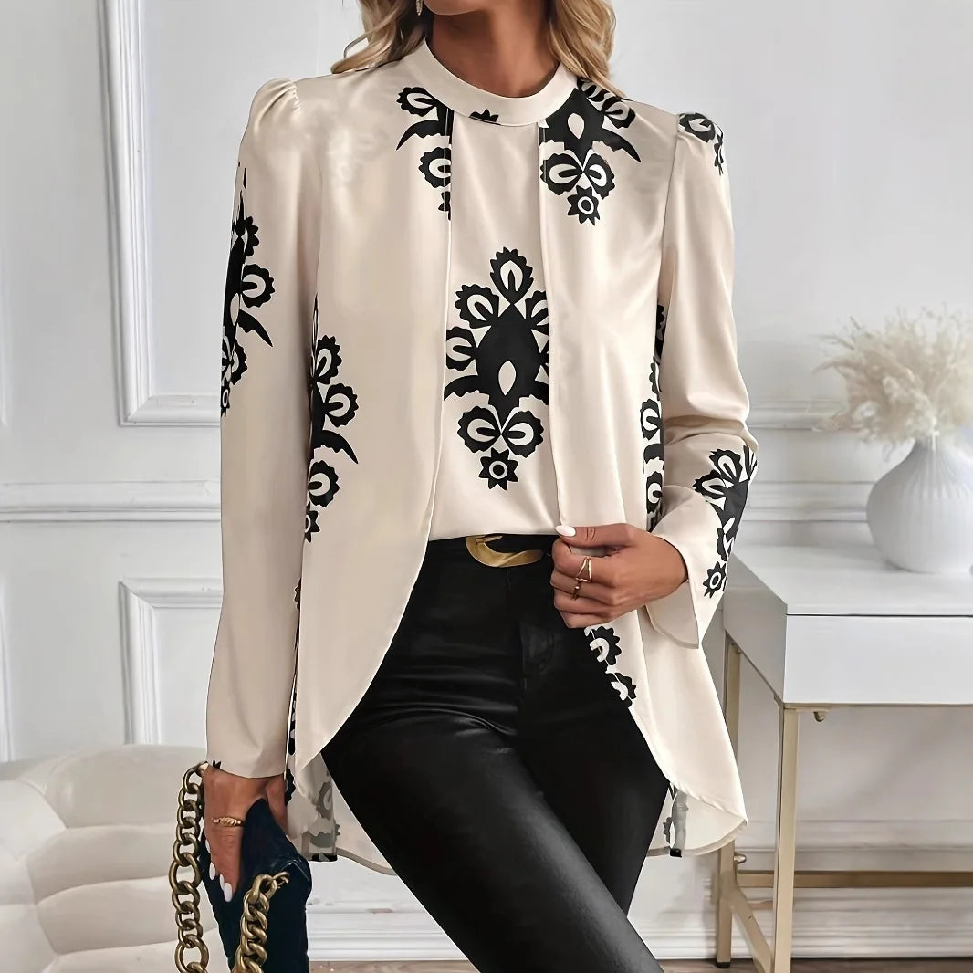 2026 Fashion Women's Long Sleeve Print Blouse, Elegant Office Top with Fake Two-Piece Design