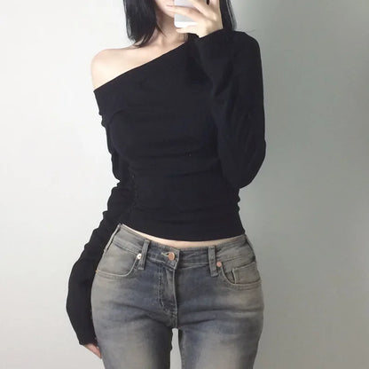 Y2K Vintage Pleated Button T-Shirt for Women, Sexy Skew Collar Slim Fit Top, Harajuku Streetwear