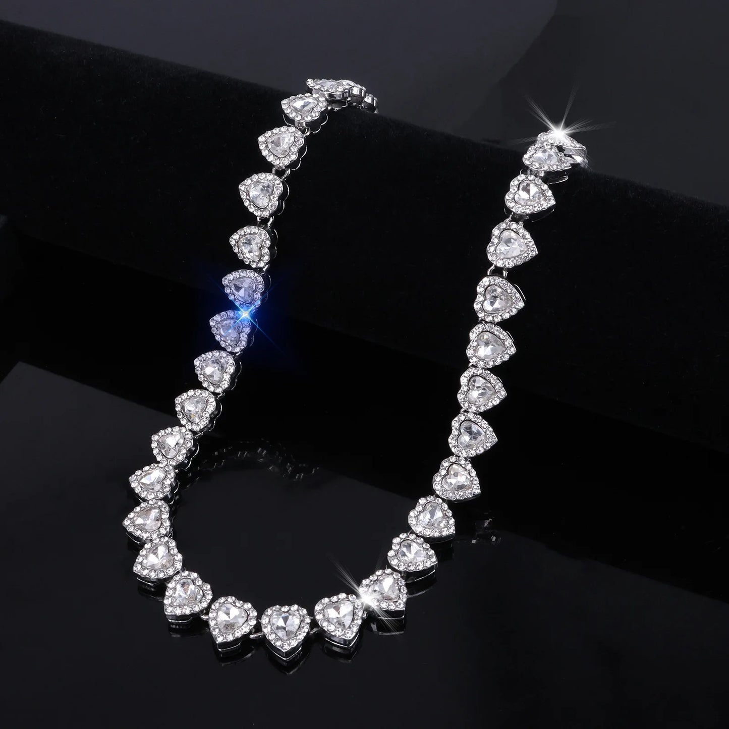 ZAKOL 45CM New Hip Hop Tennis Chain Bracelet Necklace Shiny Heart Rhinestone CZ Fashion Rock Party Jewelry Set
