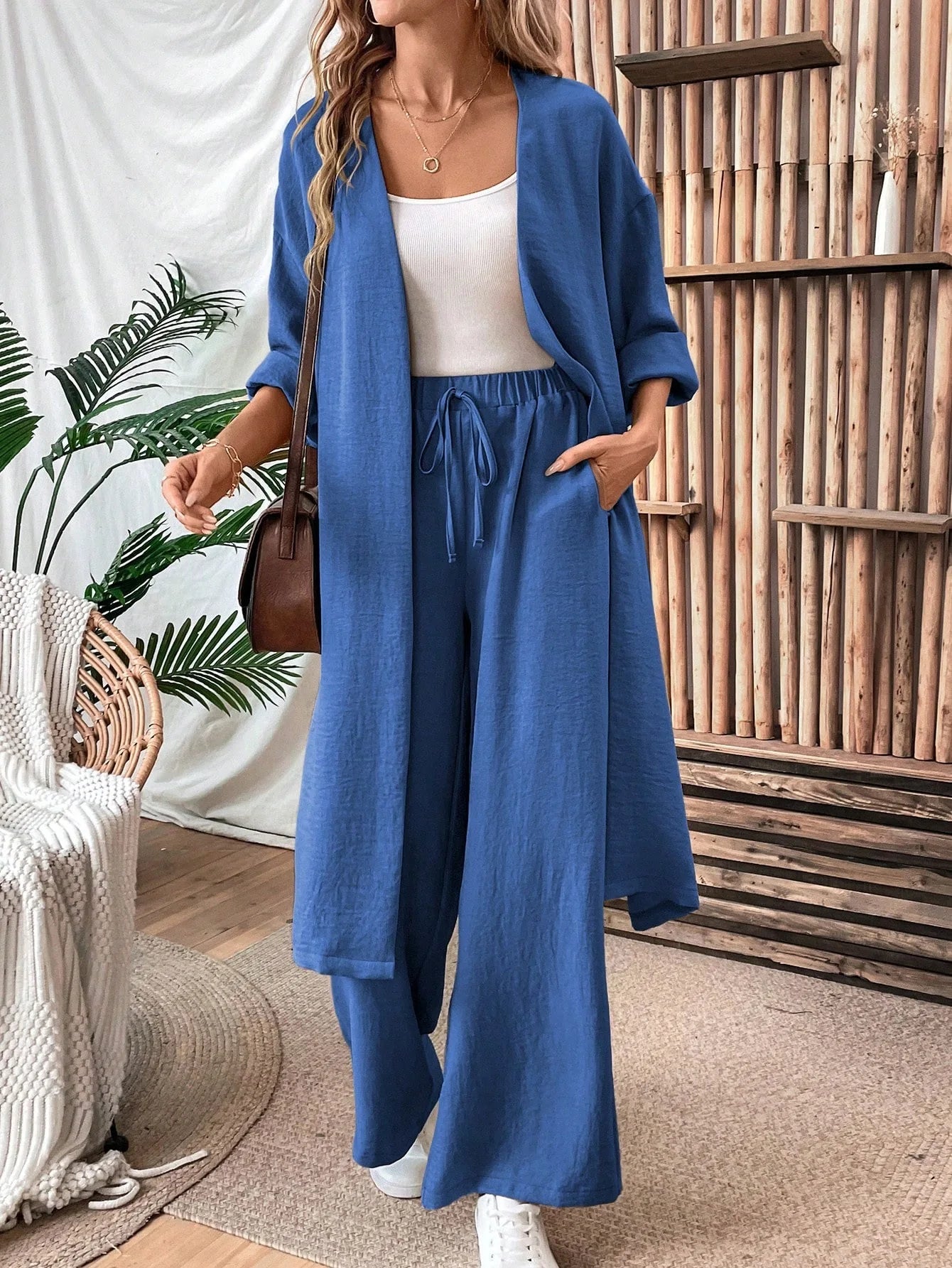Women Two Piece Outfit Long Open Front Cardigan and Elastic Waist Wide Leg Pants Set Loose Casual Suit for Vacation Daily Wear