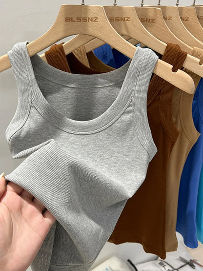 Women Solid Round Neck Ribbed Tank Top Camisole Women 2026 Summer Basic Elastic Tank Top O Neck Solid Tank Top