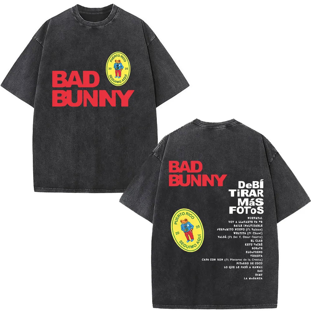 Washed Vintage Rapper Bad Bunny T-shirt Debi Tirar Mas Fotos DTMF Album 2025 T Shirts Men Women Hip Hop Oversized T-shirts Tops