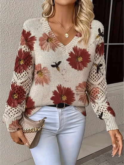 Bohemian Floral V-Neck Pullover | Hollow Print Long Sleeve Knitting Sweater | 2025 Fashion Casual Top (Characters: 78)