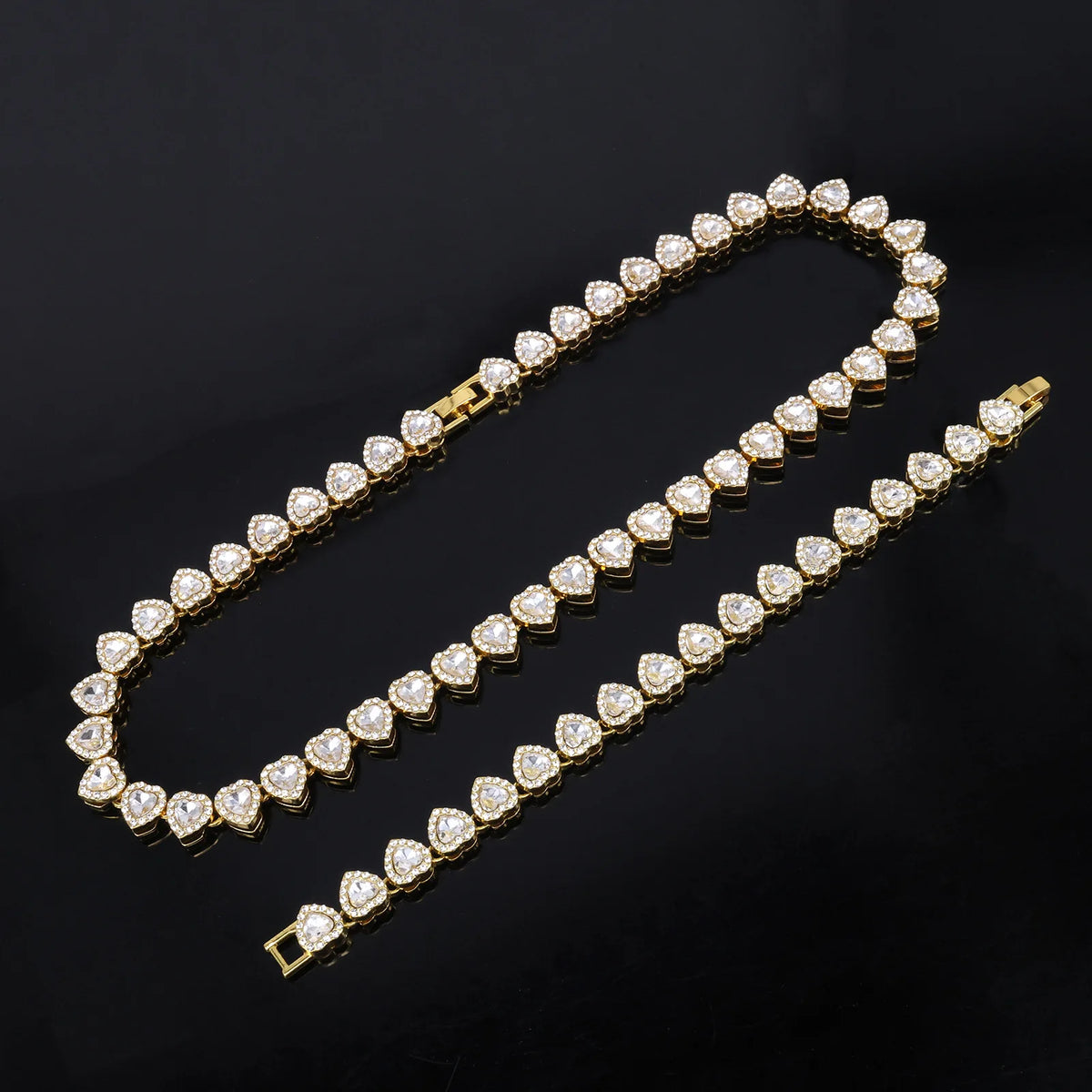 ZAKOL 45CM New Hip Hop Tennis Chain Bracelet Necklace Shiny Heart Rhinestone CZ Fashion Rock Party Jewelry Set