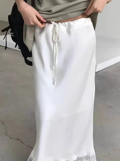 Elegant Lace Splice Satin Half Skirt Women's Summer Fashion Soft Breeze Luxury Straight A-Line Skirt Breathable Polyester Fiber