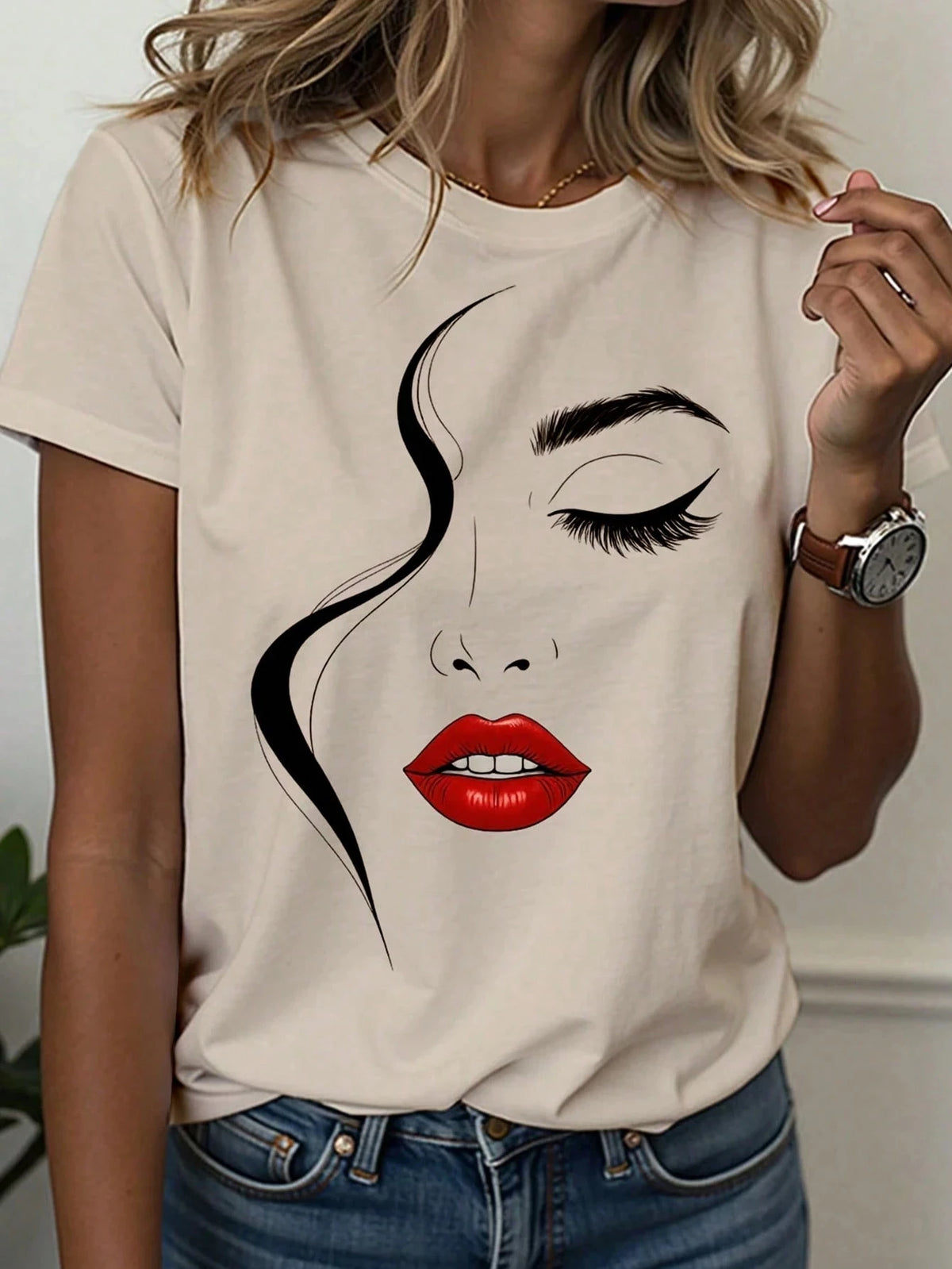 Women's T-Shirt Abstract Face Line Art Graphic Print Tops Casual O-Neck Short Sleeve Tee Summer Outdoor Fashion Female Clothing