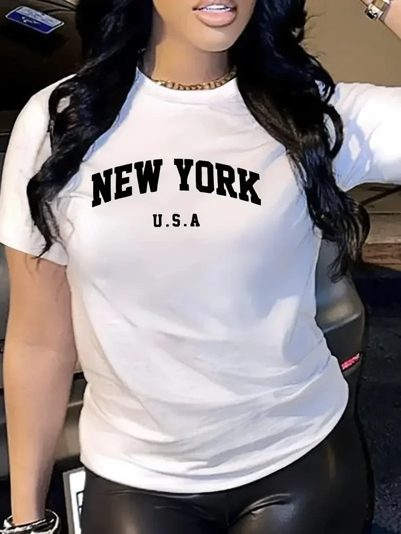 Funny New York Letter Fashion Print Casual Short Sleeve Women T-Shirt for Spring Summer Basics O-collar Women's Clothing
