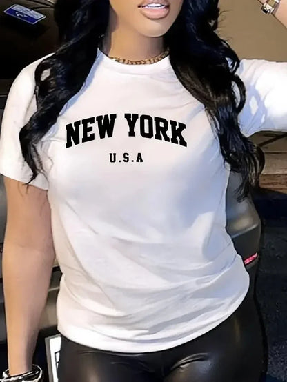 Funny New York Letter Fashion Print Casual Short Sleeve Women T-Shirt for Spring Summer Basics O-collar Women's Clothing