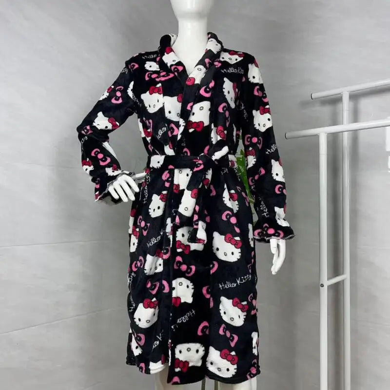 Nightgown Hello Kitty New Autumn Winter Warm Mid-Length Bathrobe Women's Warm Pajamas Home Clothes Can Be Worn Outside The Robe