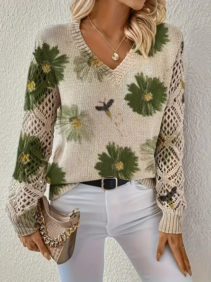 Bohemian Floral V-Neck Pullover | Hollow Print Long Sleeve Knitting Sweater | 2025 Fashion Casual Top (Characters: 78)
