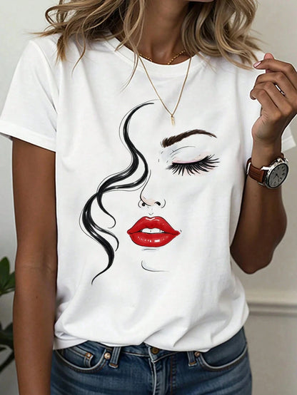 Women's T-Shirt Abstract Face Line Art Graphic Print Tops Casual O-Neck Short Sleeve Tee Summer Outdoor Fashion Female Clothing