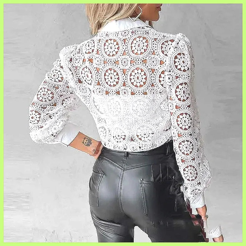 2025 Women's White Lace Shirt, Elegant Hollow Out Vintage Top Long Sleeve Blouse