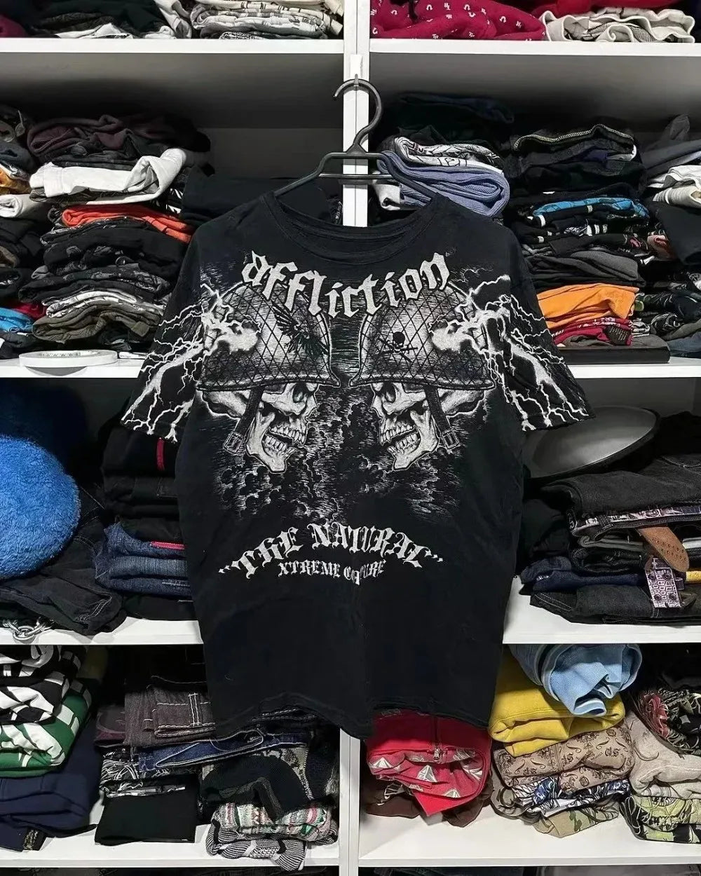 Summer Men's Breathable Round Neck T-shirt Y2K Retro Clothing Punk Hip Hop Pattern Printed Outdoor Fashion Top