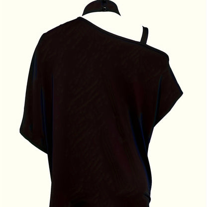 Black women's one-shoulder printed T-shirt by FitiqueFit, casualwear with stylish design and comfortable fit.