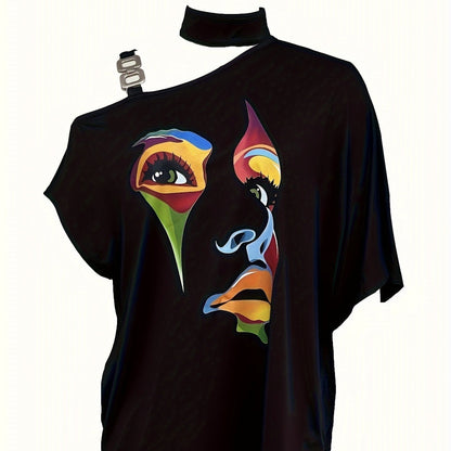 Black women's one-shoulder printed T-shirt by FitiqueFit, casualwear style with a stylish asymmetrical design.