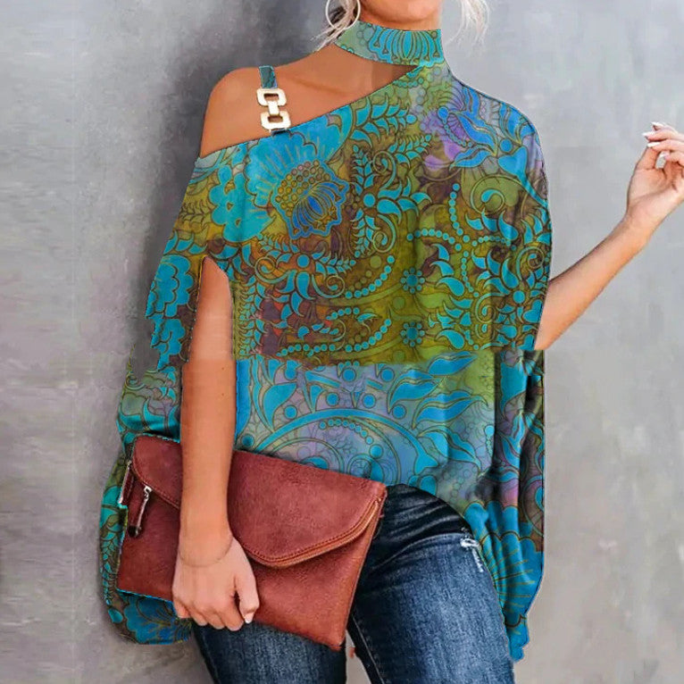 Black women's one-shoulder printed T-shirt by FitiqueFit, casualwear with stylish design, shown on a model.
