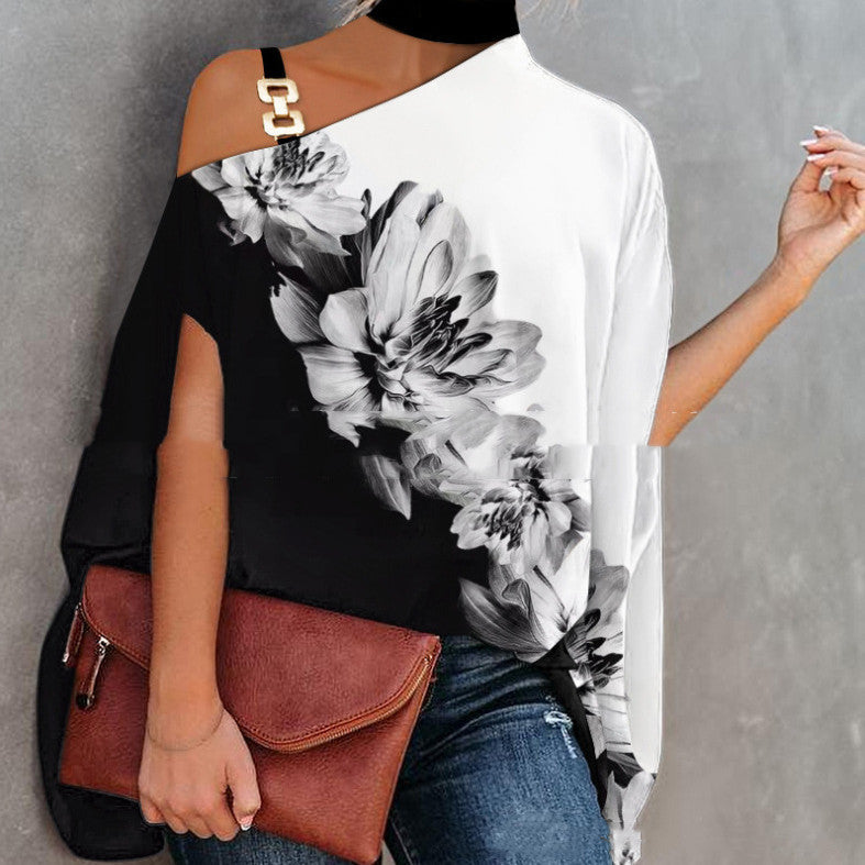 Black women's one-shoulder printed T-shirt by FitiqueFit, casualwear with stylish shoulder design and graphic print.