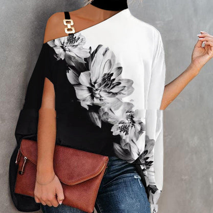 Black women's one-shoulder printed T-shirt by FitiqueFit, casualwear with stylish shoulder design and graphic print.